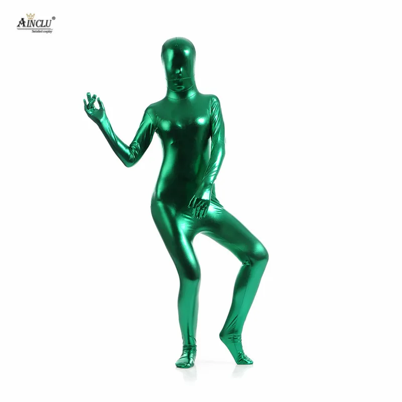 Ainclu полноразмерный зеленый клей металлик Zentai для хеллоуина Блестящий спандекс с