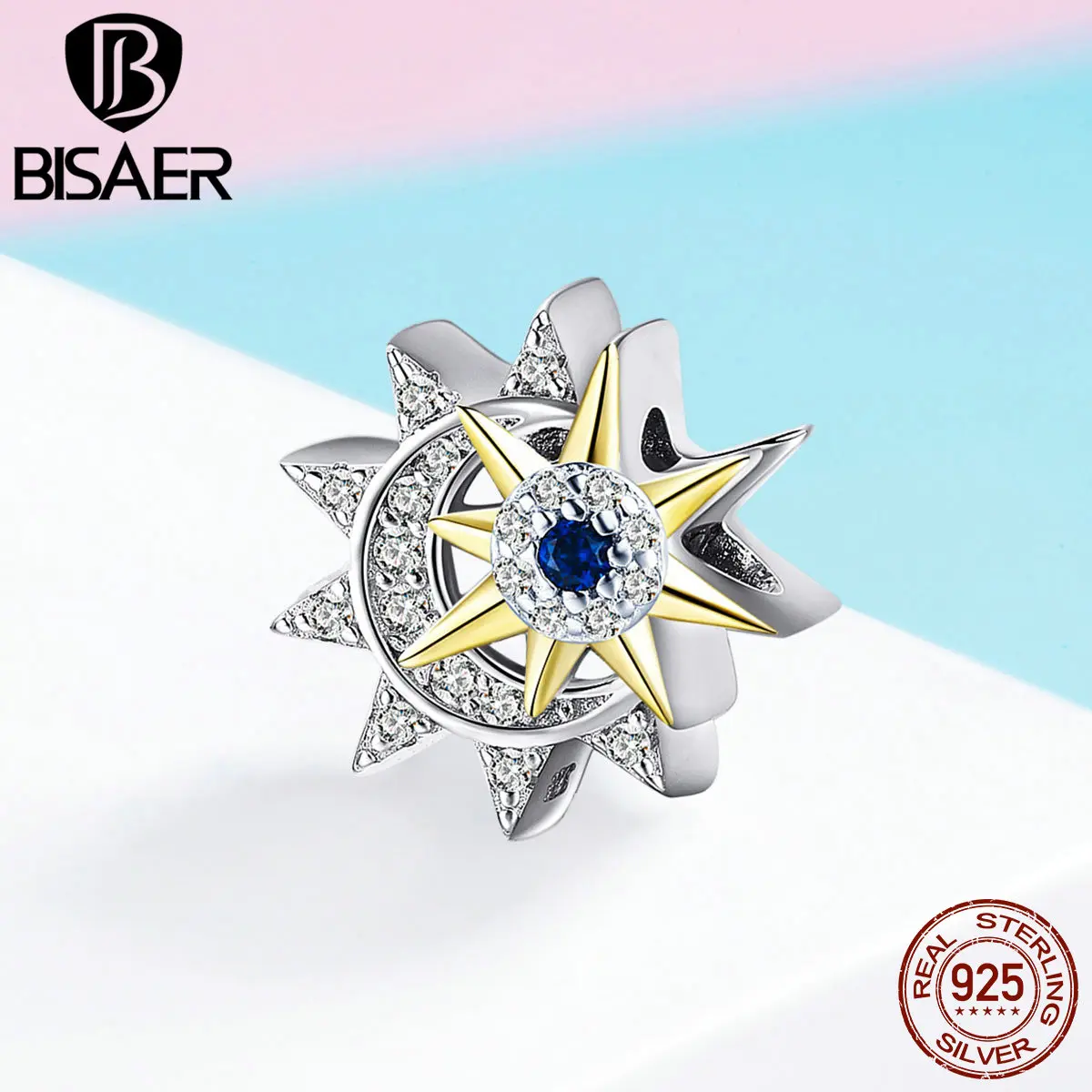BISAER, 925 пробы, серебряные подвески солнце и луна, прозрачные CZ циркониевые бусины с планетой, подходят для браслетов, сделай сам, 925 серебряные ювелирные изделия ECC1137