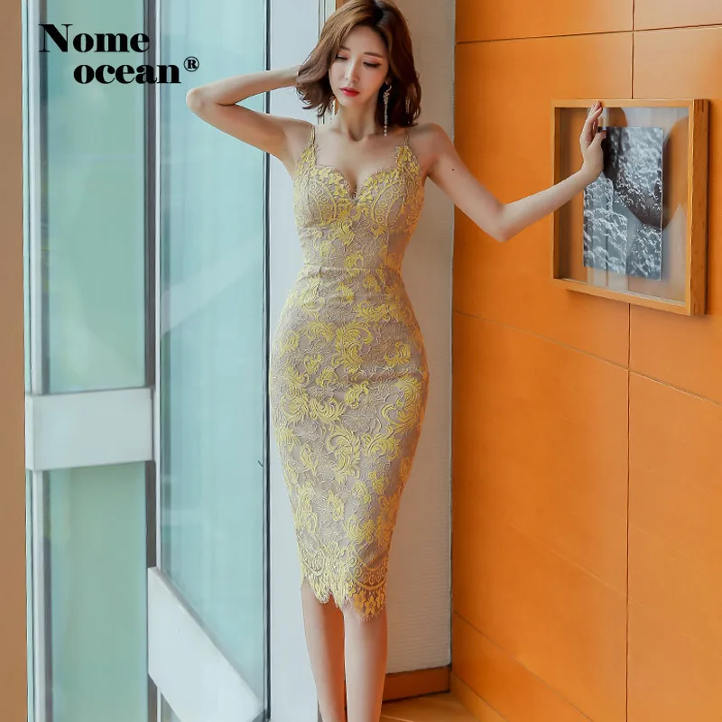 Sexy Embroidered Floral Lace Dresses Women Spaghetti Strap V-neck Bodycon Dresses Office Lady Lace Midi Dress M19071122