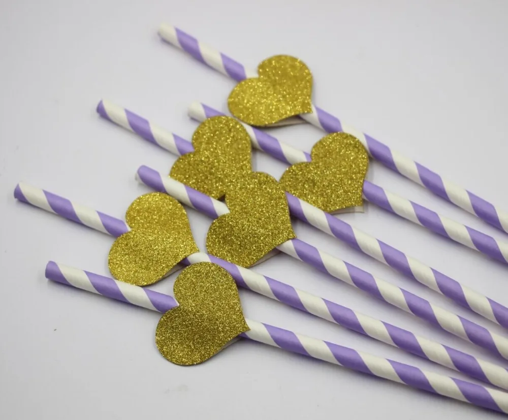 25 шт двойной золотой блеск сердце соломенный Топпер фиолетовый полосатый