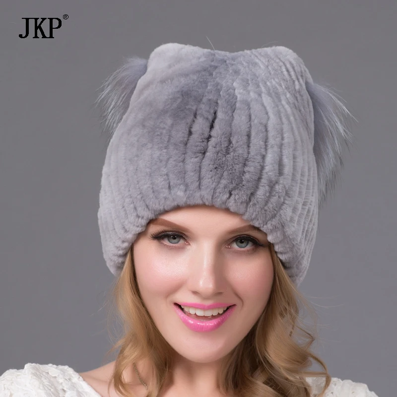 Шапка из натурального меха норки с ушками кролика теплая шерстяная вязаная шапка