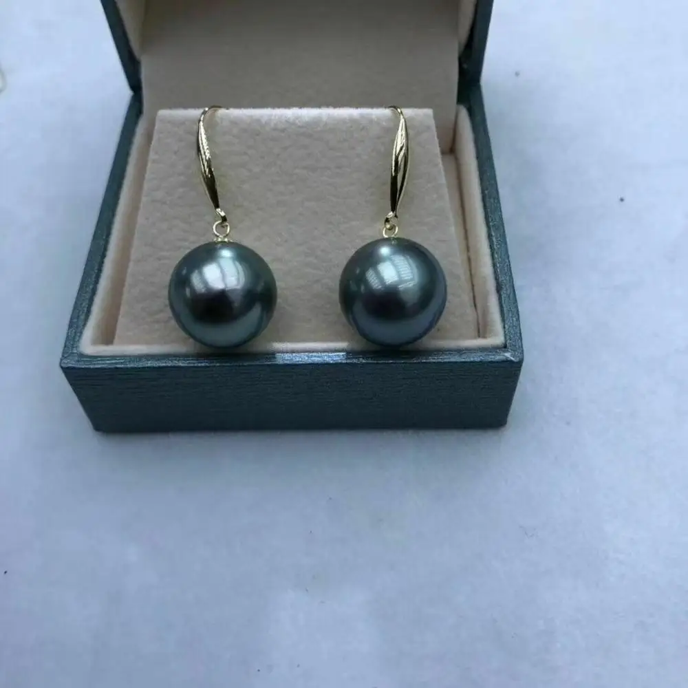 stunning 10-11mm tahitian round black green pearl earring 14k | Украшения и аксессуары