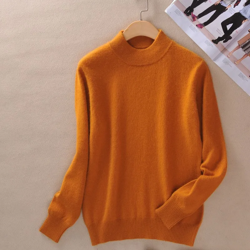 Ginger Yellow Женский кашемировый эластичный осенне-зимний свитер с высоким воротом и пуловеры, шерстяной свитер, облегающий вязаный пуловер - Цвет: Ginger Yellow