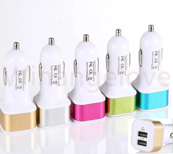 

100pcs Aluminum Alloy Dual usb ports 2.1A+1A Car charger chargers adapter for iphone X 8 6 7 for samsung s9 note8