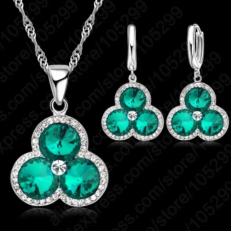 

Newest Real 925 Sterling Silver CZ Crystal 3 Petal Fine Shape Dark Green Color Necklace For Woman Jewelry Wedding Earring Set