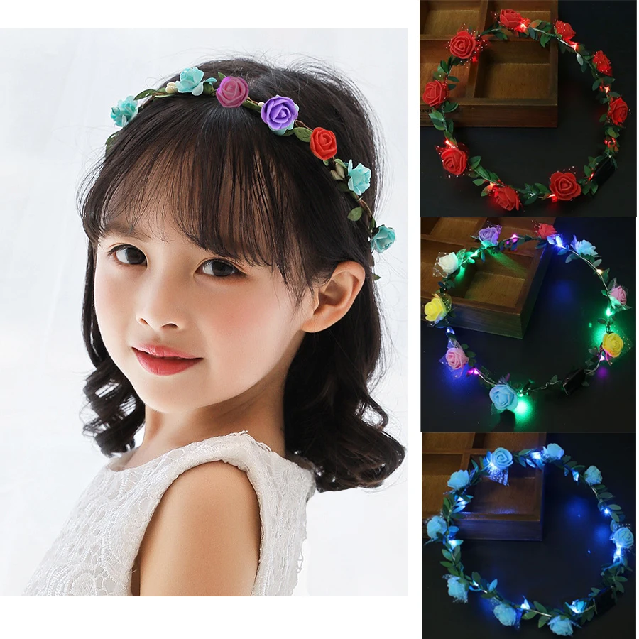 

1pc Flashing LED Glow Flower Crown Headbands Light Party Rave Floral Hair Garland Wreath Wedding Flower Girl Headpiece Deco DS19