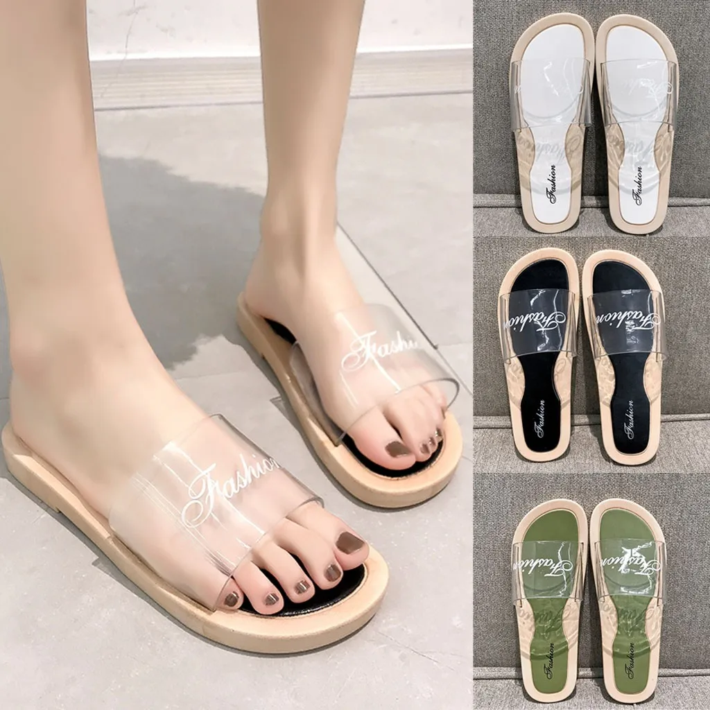 Женские прозрачные тапочки на плоской подошве Пляжные сандалии Летние шлепанцы