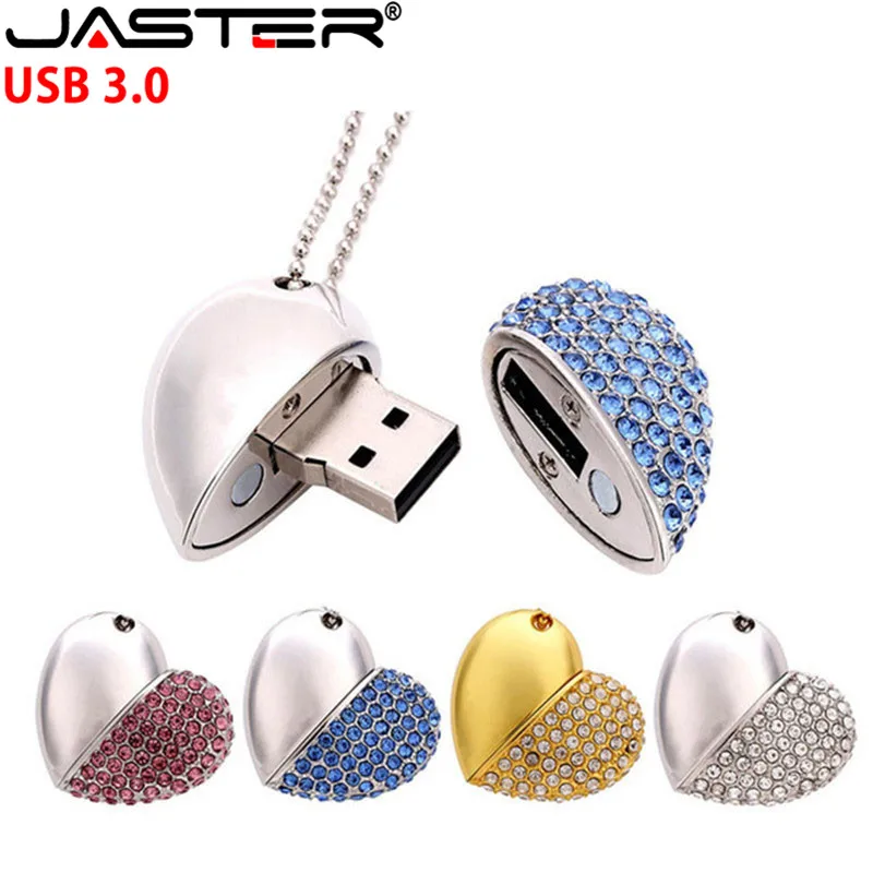 JASTER USB 3,0, Кристальный бриллиант, любовь, сердце, usb флеш-накопитель, карта памяти, сердца с цепочкой, флешка, 4 ГБ, 8 ГБ, 16 ГБ, 32 ГБ, 64 ГБ, подарок