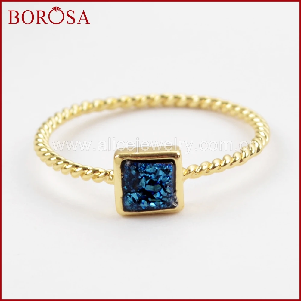 BOROSA 10 шт. Золото Цвет 4 мм квадратный друзовидный камень кольца для женщин, натуральный Агаты Титан Радужная Друза ободок кольцо ювелирные изделия ZG0286