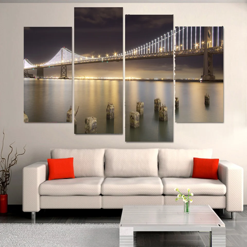 HD Печатный 4ps bay bridge по ночам Сан Франциско Картина декор комнаты печать плаката