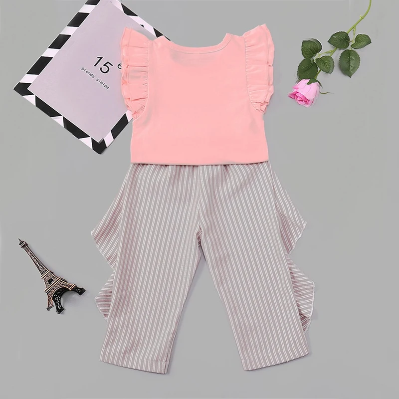 SHEIN/топ с оборками и штаны в полоску для малышей; комплект повседневной одежды для девочек-подростков; коллекция года; корейский модный костюм; детская одежда