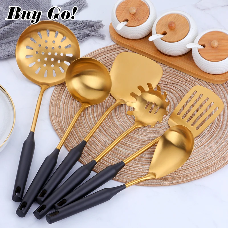 

1PCS Stainless Steel Black Gold Kitchen Utensils With Holder Cooking Tools Set Turner Ladle Spoon For Restaurant Dinnerware