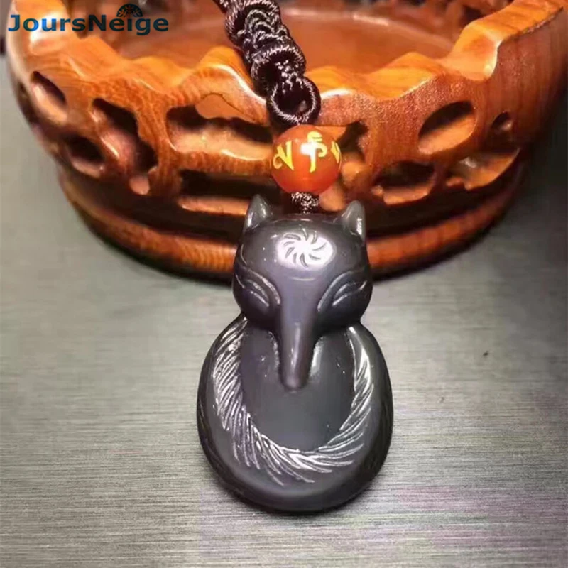 Ожерелье ледяного цвета из натурального обсидиана кулон в виде лисы со злыми