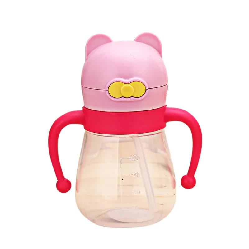 200ML Cute Cat Head Baby Drinking Bottle With Handle Straw Leakproof Training Learning Water L |