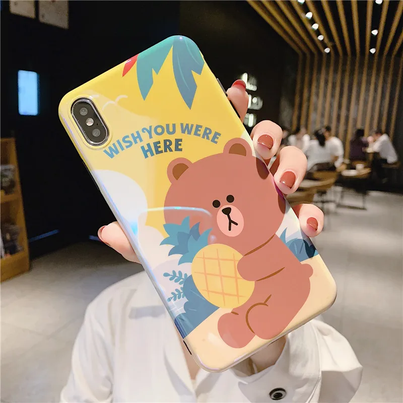 blue light cartoon brown bear yellow duck IMD Pink soft shell phone Case For Apple iphone 6 6s 7 8 Plus X XS XR MAX case |