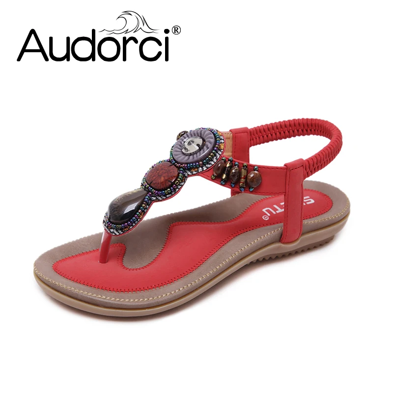 Audorci 2018 модные удобные женские босоножки богемные на шнурках с бусинами застежке