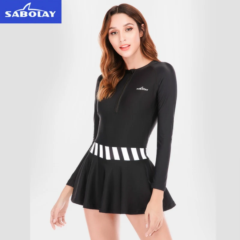 SABOLAY купальный костюм ins, хит, женский, тонкий, длинный рукав, соединенный, большой размер, полосатая блузка, юбка,, VL901