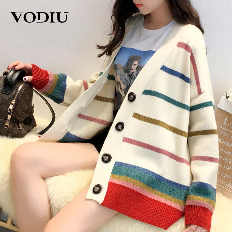 Cardigan Coat Autumn Sweater Knitted Casual Coats Female Print Striped Cardigans For Ladies Loose Women |