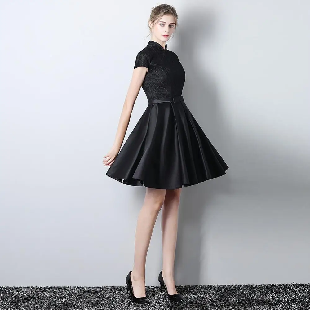 black CEEWHY винтажное элегантное вечернее платье с высоким воротом, длинное коктейльное платье, черное кружевное коктейльное платье до колен - Цвет: black
