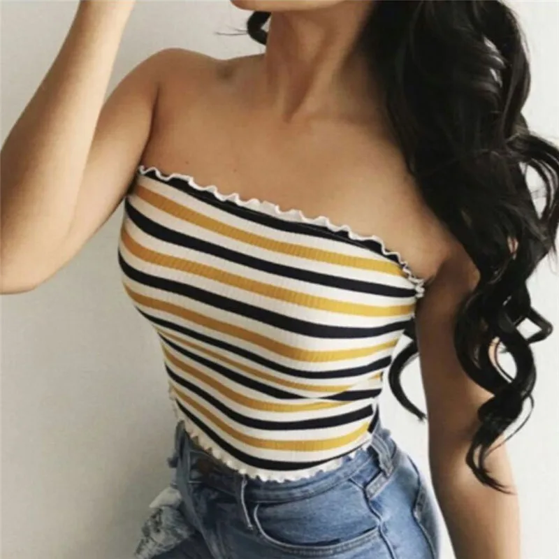 Женский топ в полоску с открытыми плечами оборками обтягивающие Стрейчевые