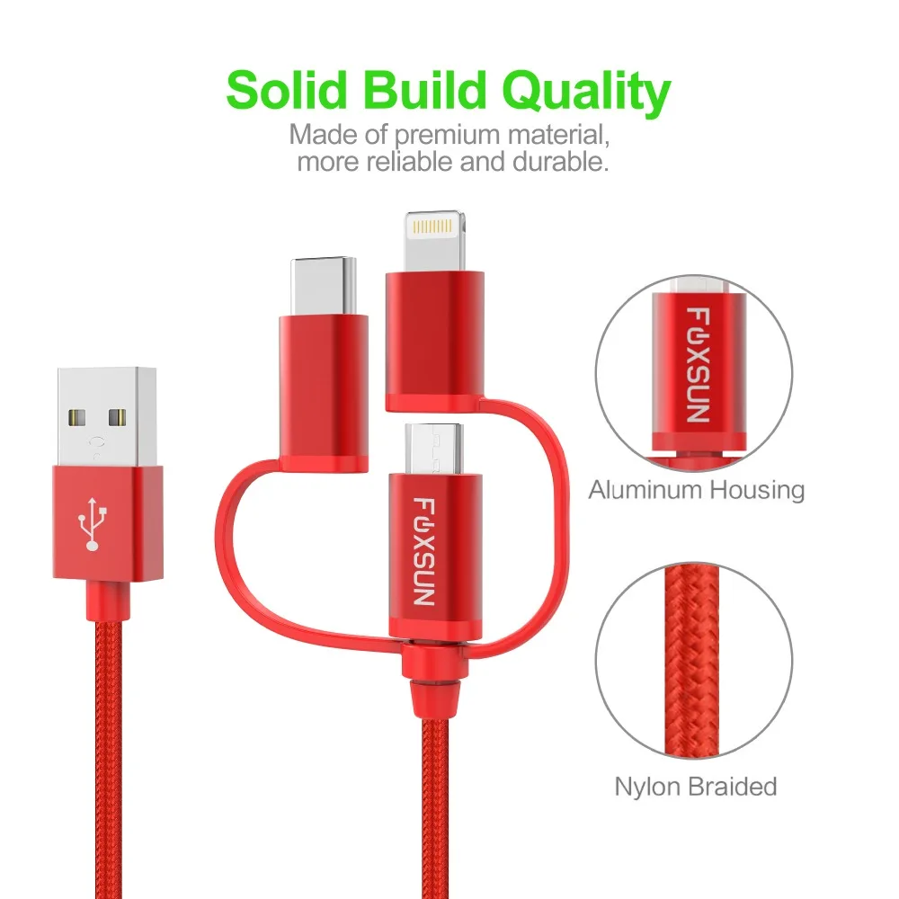 Foxsun USB кабель для iPhone X/8/7/6 MFI Сертифицированный 3 в 1 передачи данных нейлоновая