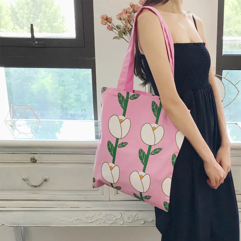 

Cotton Canvas Eco Shopping Tote Shoulder Bag Print Flower Buds Pink Base CYB07