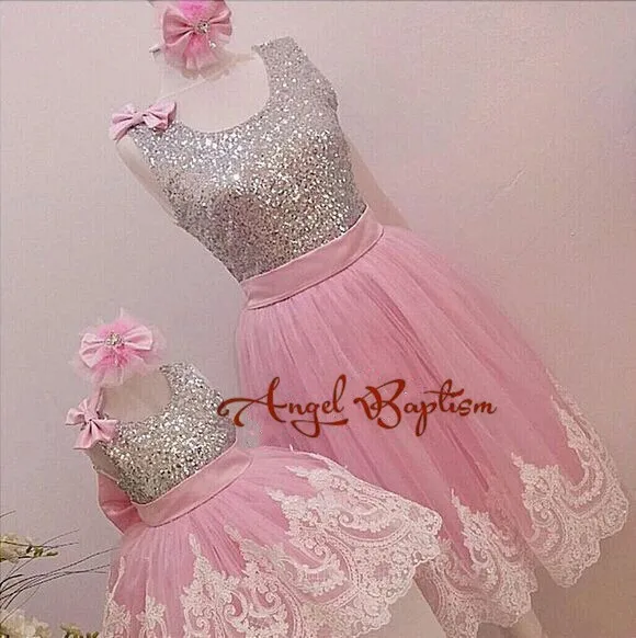 Розовое платье с открытой спиной для малышей Серебристые кружевные фатиновые