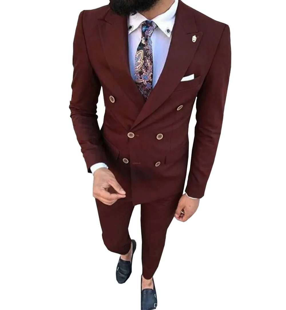 Burgundy Мужские костюмы 2 шт двубортный Блейзер смокинги для свадьбы официальные деловые костюмы Новинка - Цвет: Burgundy