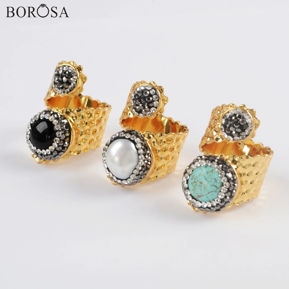

BOROSA 5 шт. позолоченные медные двойные круглые стразы с натуральным жемчугом Howlite бирюзы черный агат кольцо женские ювелирные изделия JAB963