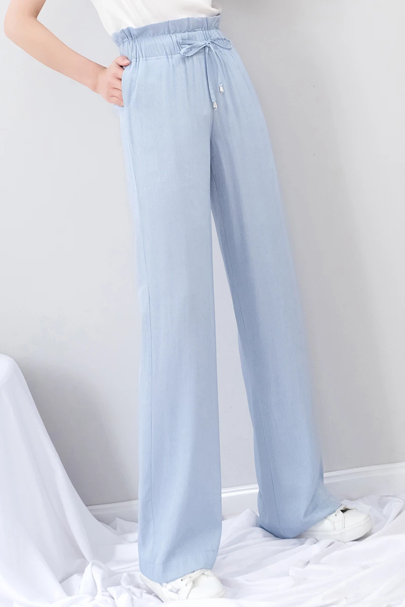 2019 летние тонкие широкие брюки женские синие хлопковые с высокой эластичной