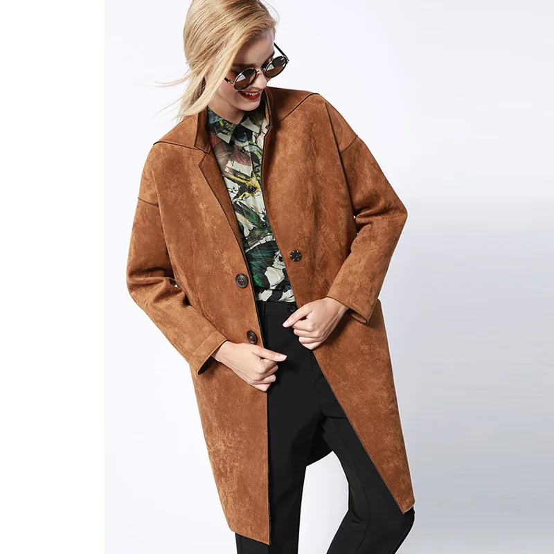 

Warm Lapel Suede Loose Long Trench Women Autumn Winter Fashion Casual Slim Overcoat Button Faux Leather Cocoon Windbreaker P1635