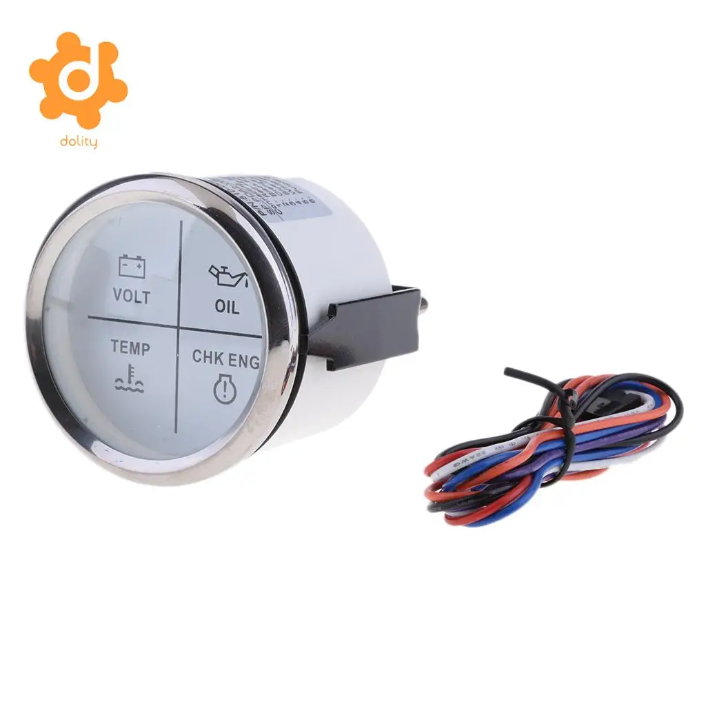 2&quot 52mm 4 LED Alarm Gauge VOLT OIL TEMP CHK ENG Indicator White Chrome | Автомобили и мотоциклы