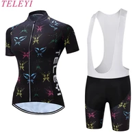 teleyi team cycling jersey women bike bicycle outdoor sports wear shirt short sleeves tops bib shorts set colorful butterfly