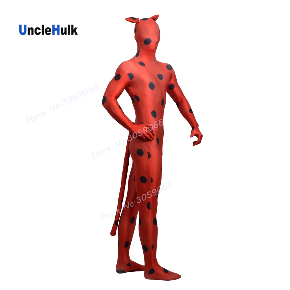 Черный костюм Zentai в горошек из красного спандекса с кошачьими ушками и хвостом |