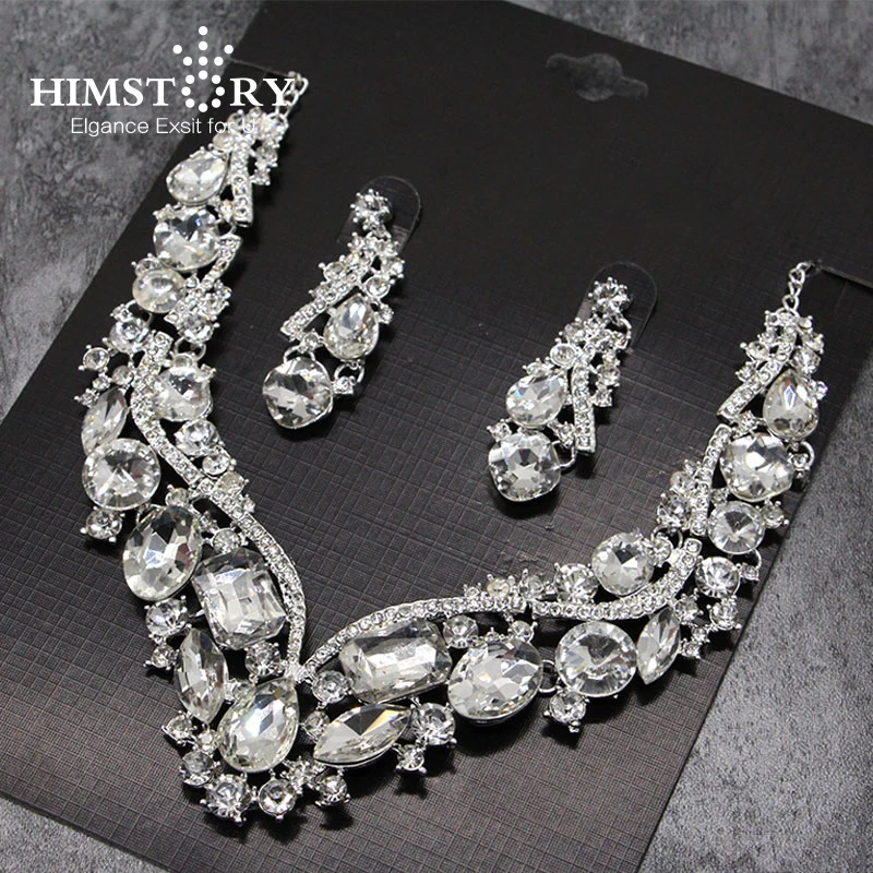 

HIMSRORY Luxurious Silver Plated Squre Crystal Bridal Jewelry Sets Wedding Accessories Including Necklace and Earrings
