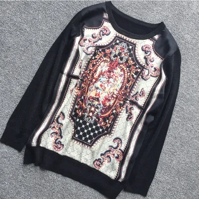 Long Sleeve Роскошные Дизайнерские брендовые трикотажные блузки для женщин с круглым вырезом и принтом в стиле барокко, 30% шелк, свободные трикотажные блузки, черные рубашки - Цвет: Long Sleeve