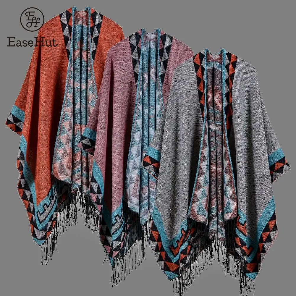 EaseHut Boho Женский вязаный кардиган пончо Весна Зима геометрический узор кисточка длинный кардиган негабаритный свитер теплая накидка