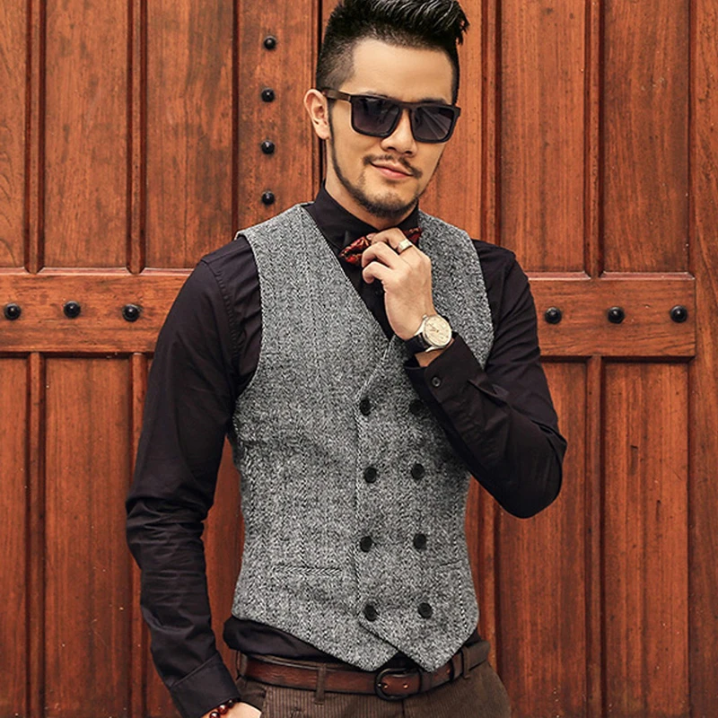 Фу BEI Для мужчин двубортный жилет платье костюм вечернее серый куртка Slim Топы