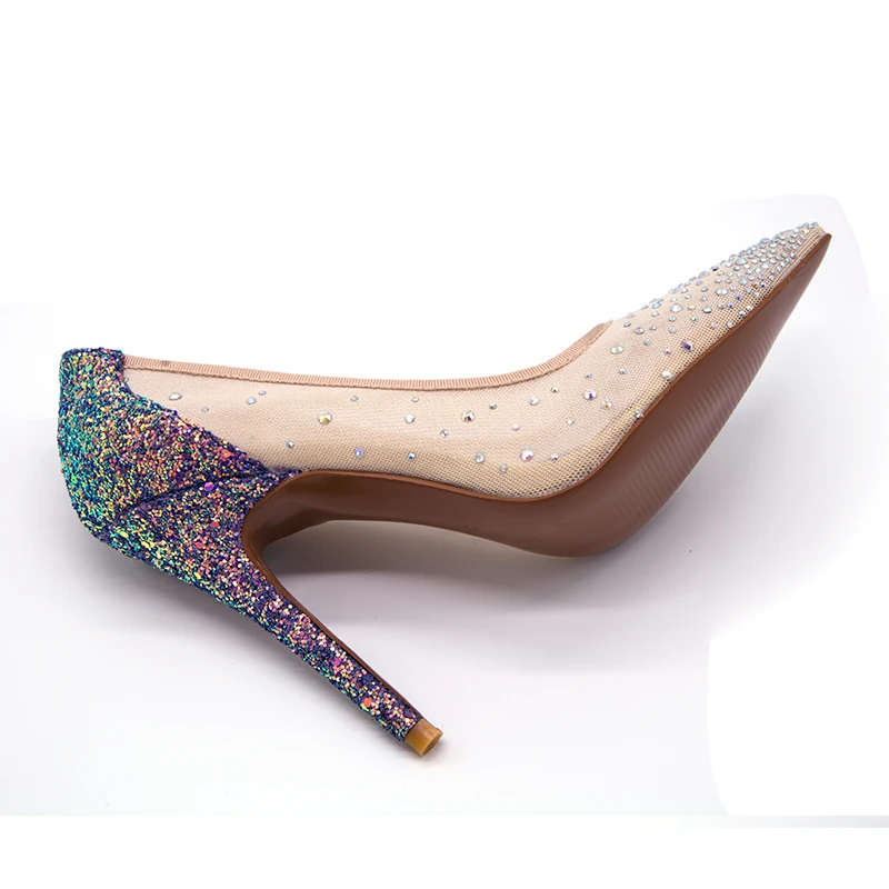 

2019 Summer fashionable wedding shoes with a height of 11cm and a mesh cloth with a colorful sparkling water drill combined with