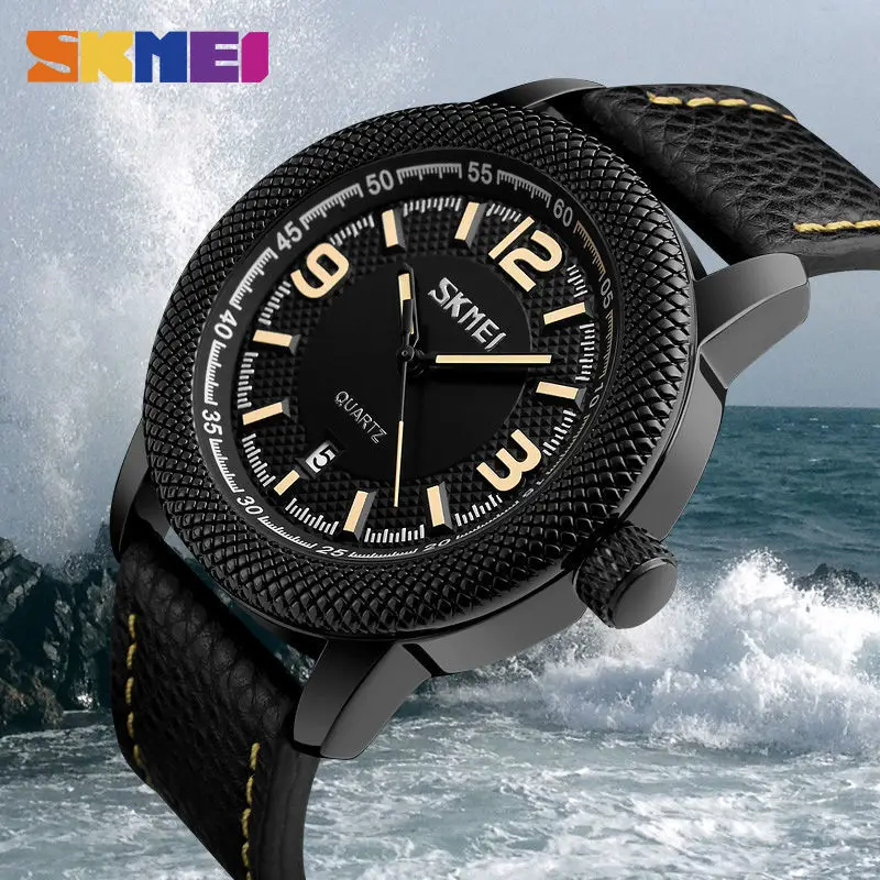 

SKMEI Men Quartz Watches Leather Strap Luxury Brand Fashion Wristwatches Calendar 30M Waterproof Sport Watch Relogio XFCS