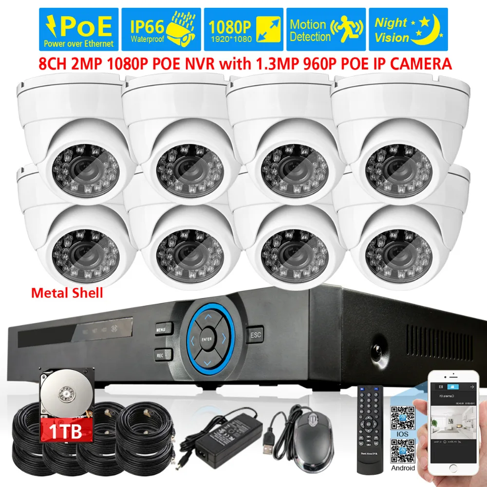 CCTV NVR Системы 8ch 48 В PoE 2mp 1080 P с 8 шт. 4x1.3 Мп 1280X960 в/Открытый всепогодный POE IP Камера