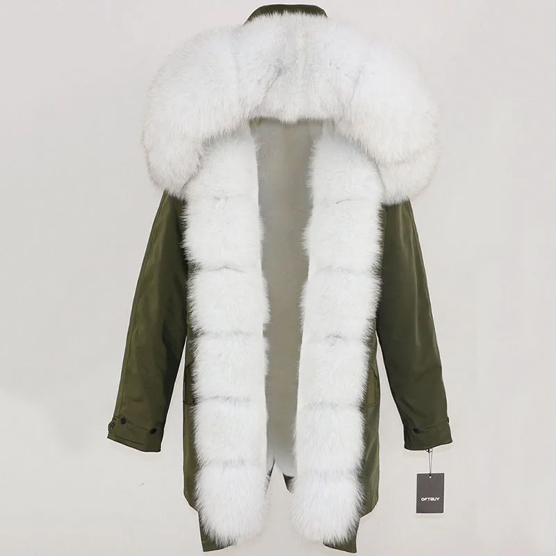 Женское пальто с натуральным мехом OFTBUY, чёрная куртка с воротником из натурального лисьего меха, водонепроницаемая длинная парка, теплая уличная верхняя одежда со съемным мехом для зимы