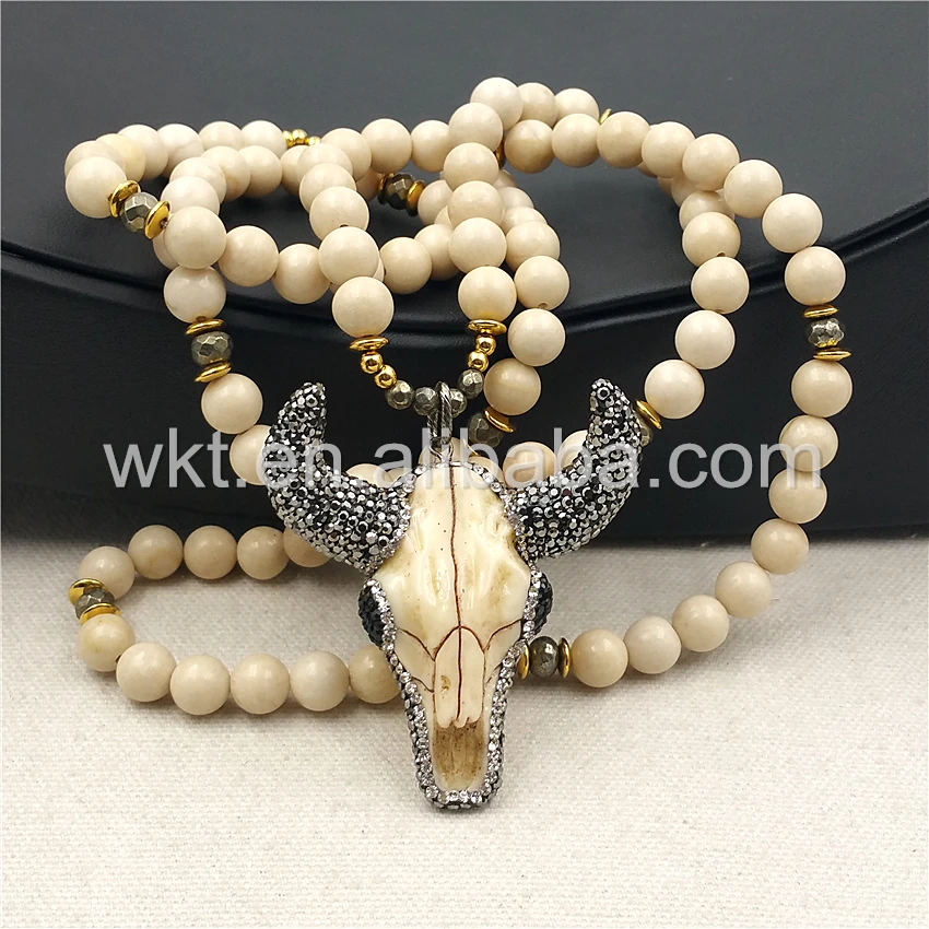 WT-N859 New 8mm Round Cream Fossil Beads Necklace With Natural Buffalo Horn Cattle Head Charm Pendant in 32 inch | Украшения и