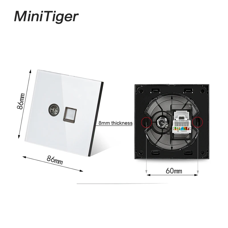 Белая Роскошная прозрачная панель Minitiger из закаленного стекла RJ45 Интернет разъем