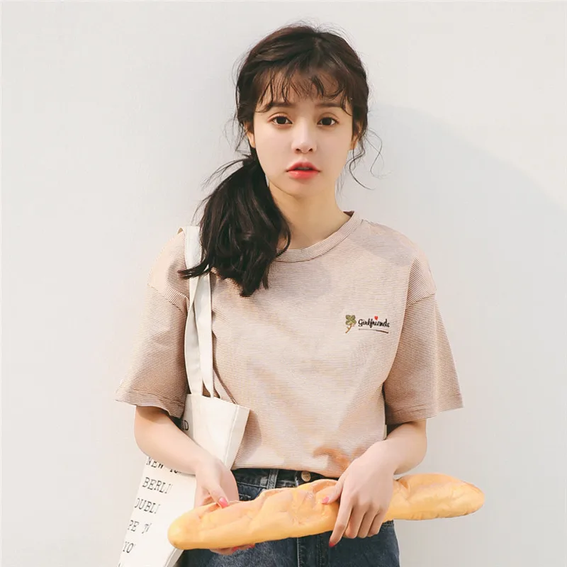 Summer New Embroidered Stripe T-shirt 2020 Women's T-shirts Japan Harajuku Ladies Ulzzang Female Korean Kawaii Tops For Women | Женская