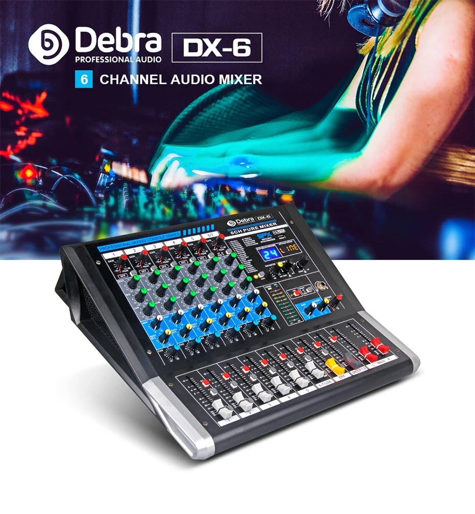 Дебра аудио DX-6 6-ти канальный аудио dj микшер контроллер звуковая карта с 24 DSP эффект, включающим в себя гарнитуру блютус и флеш-накопитель USB XLR Jack Aux Вход