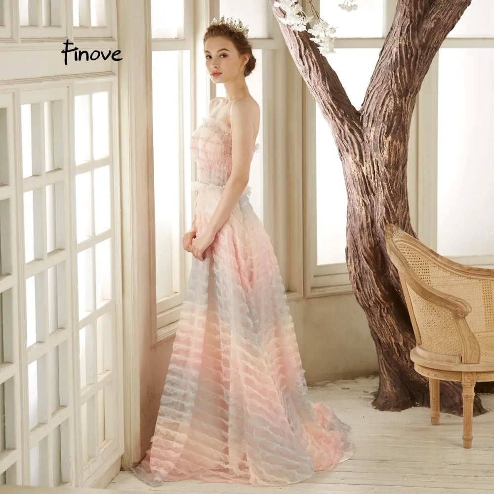 Finove вечернее платье длинное Новое поступление vestido de fiesta Gradation цвет с бисером Иллюзия Тюль женские платья плюс размер