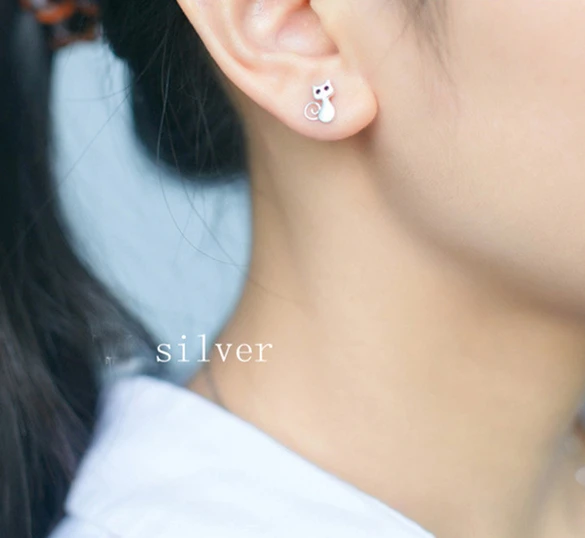 Серьги гвоздики женские из серебра 925 пробы с изображением милого кота|silver stud