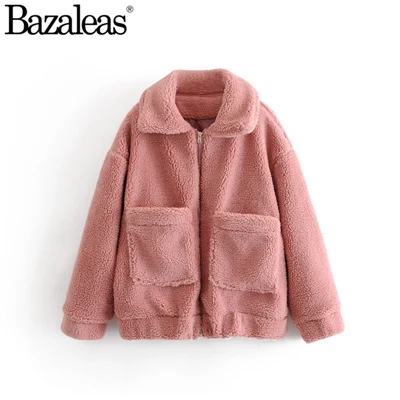 Bazaleas овечья шерсть кашемир модная мягкая женская куртка с карманами harajuku пальто с отложным воротником теплые куртки женские повседневные - Цвет: W2267 pink