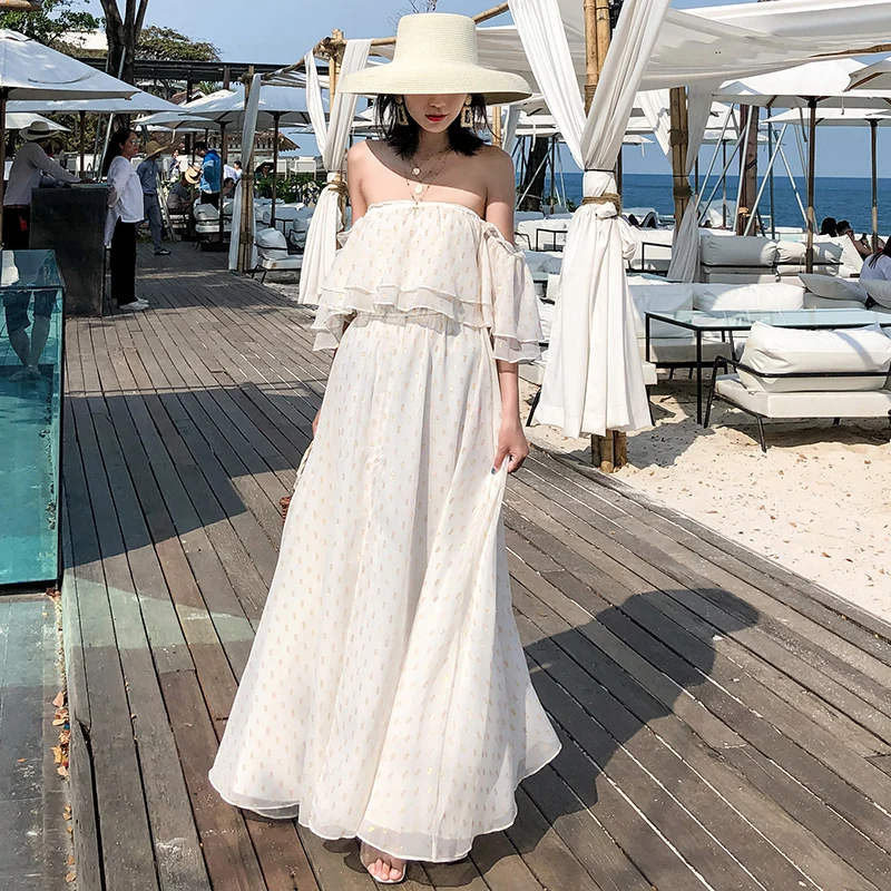 Женское платье модные летние элегантный тонкий Bodycon Повседневные, пляжные, на вечеринку для подиума пикантные с плеча без бретелек белое платье Макси